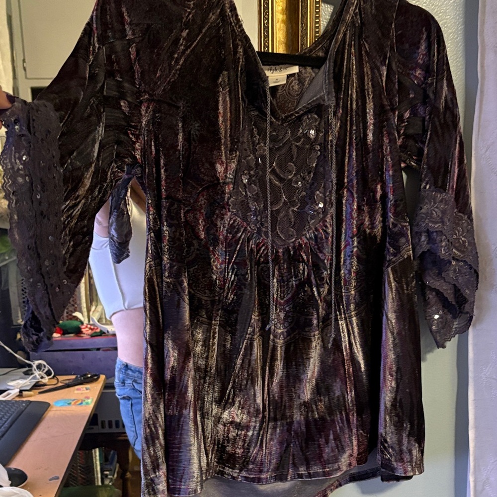 Style & Co. Velvet Lace Sleeve Blouse - Deep Purple